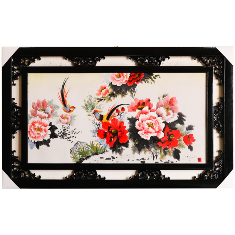 Tranh sứ Bát Tràng vẽ chim trĩ hoa phù dung 95x55 cm