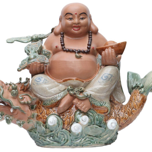 Tượng Phật Di Lặc Bát Tràng ngồi cá Chép hóa Rồng 40x60cm